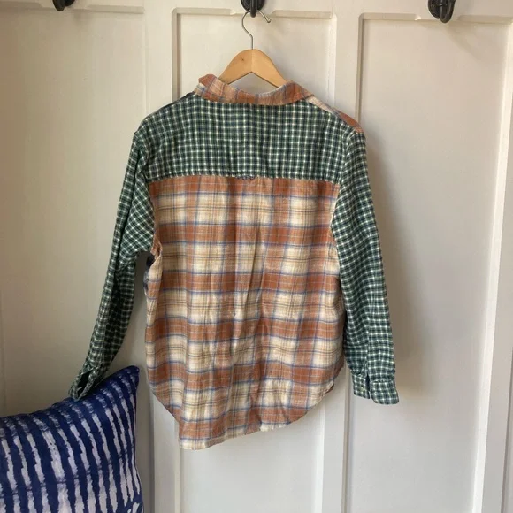 American Eagle | Patchwork Plaid Flannel Shirt - Blue, Orange, Green - Picture 8 of 8